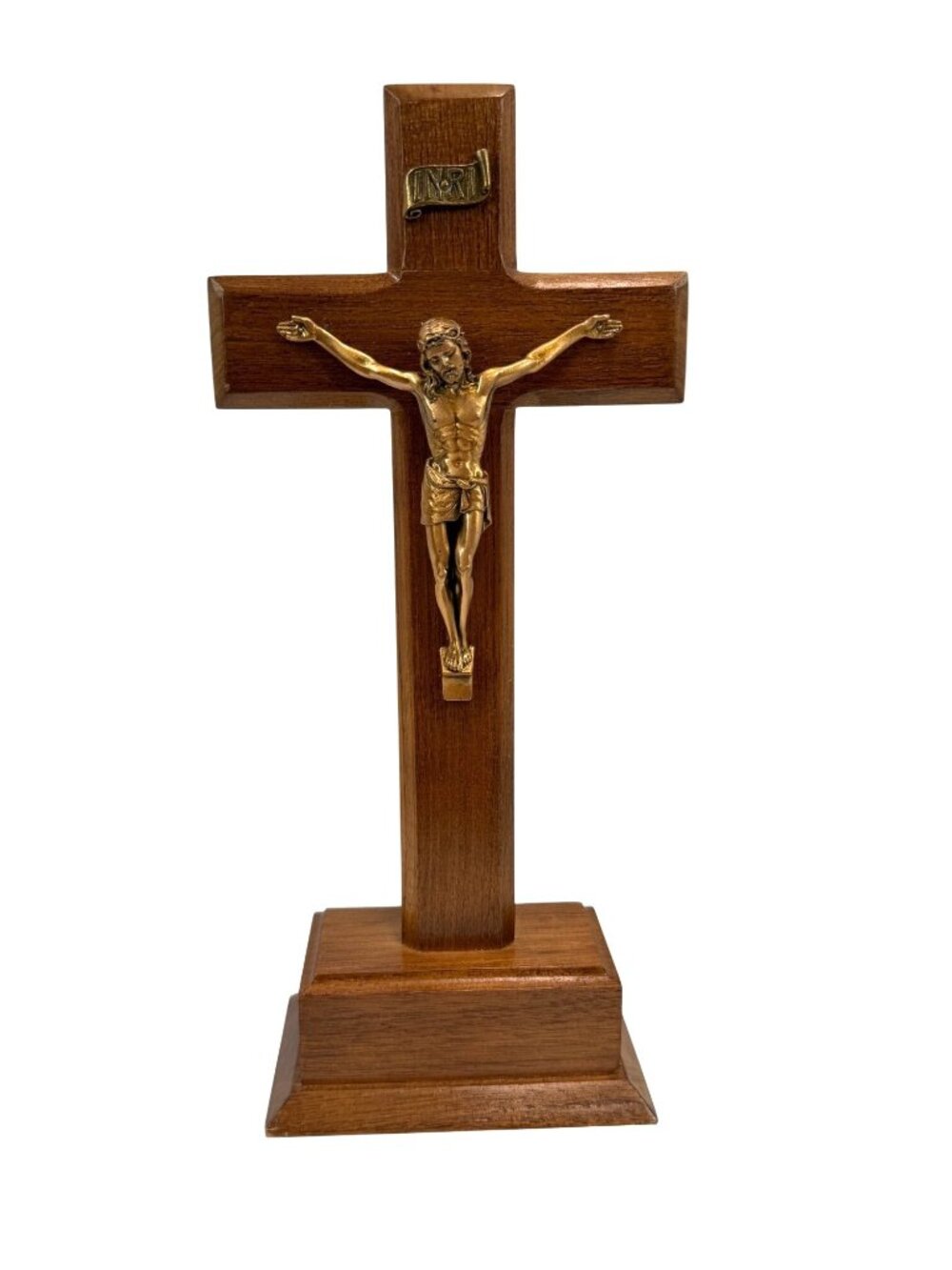 Vintage Standing Wooden Altar Crucifix – Brass Corpus & INRI Plaque – Religious